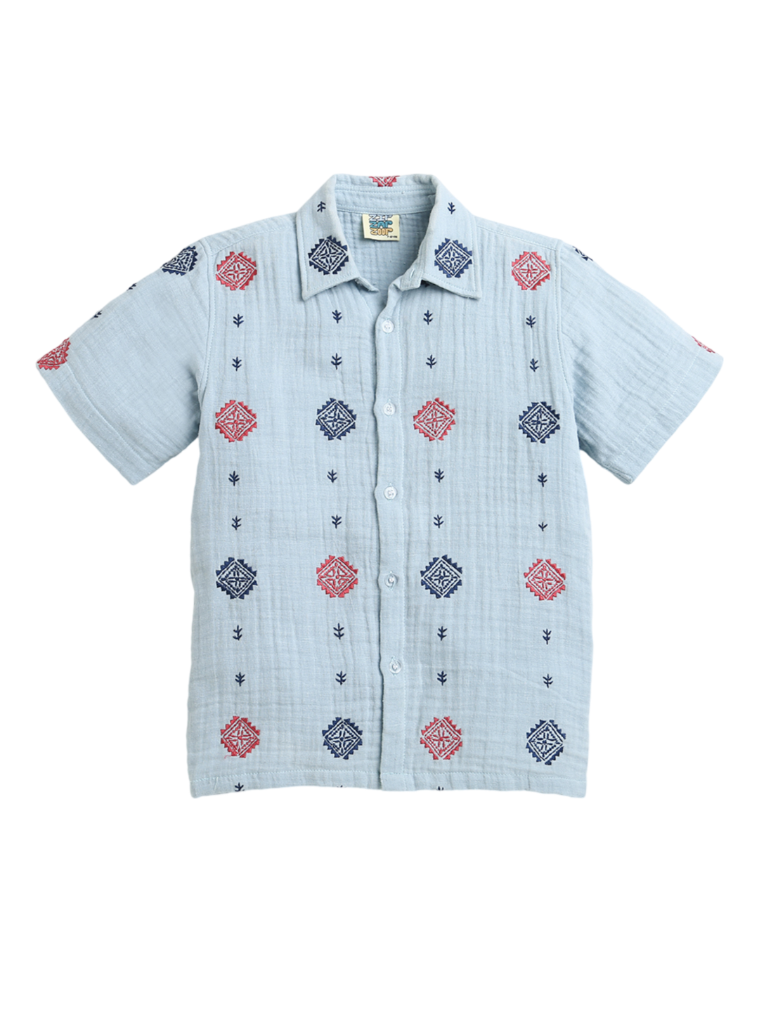 Sky Blue All Over Embroidery Collar Neck Half Sleeve Boys Shirt