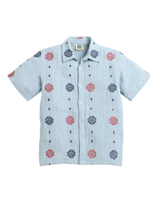 Sky Blue All Over Embroidery Collar Neck Half Sleeve Boys Shirt