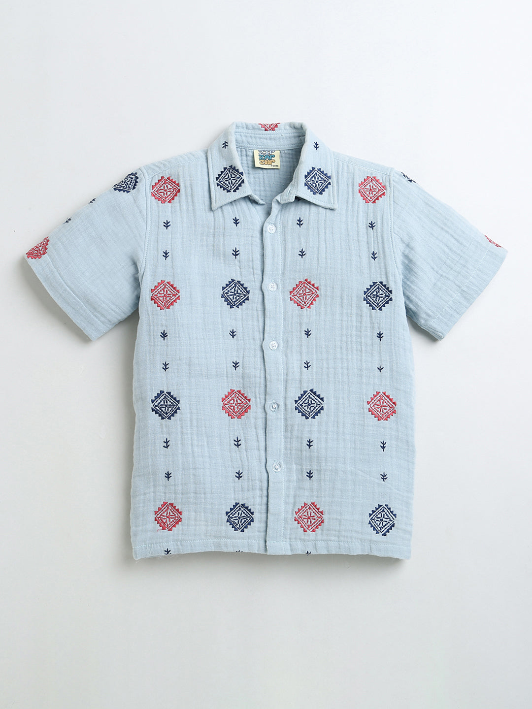 Sky Blue All Over Embroidery Collar Neck Shirt & Shorts Boys Shirt