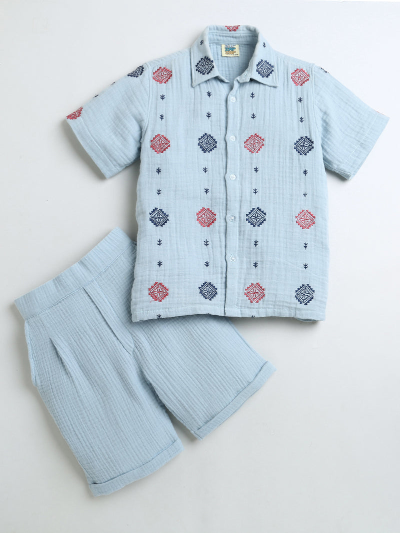 Sky Blue All Over Embroidery Collar Neck Shirt & Shorts Boys Shirt