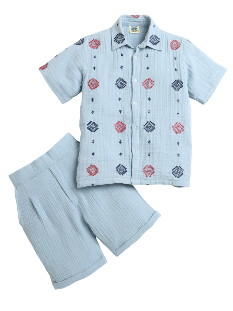 Sky Blue All Over Embroidery Collar Neck Shirt & Shorts Boys Shirt