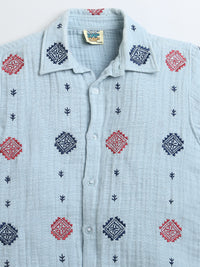 Sky Blue All Over Embroidery Collar Neck Half Sleeve Boys Shirt