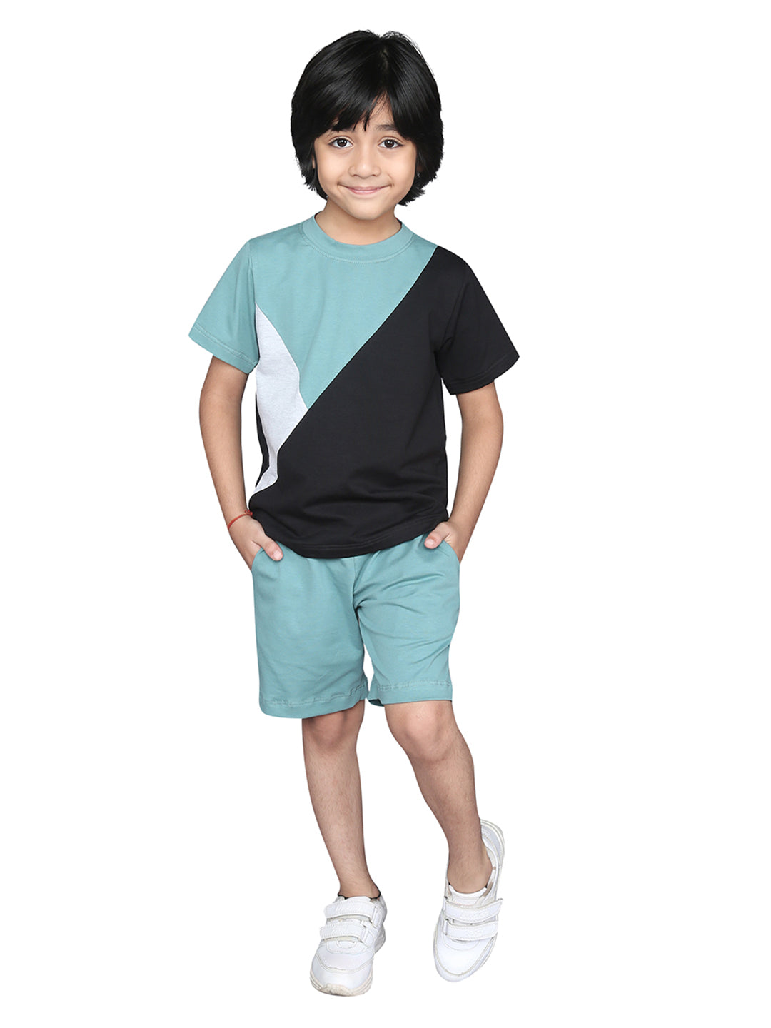 Pure Cotton Boys Green Black & White half Sleeve Co-ord Set