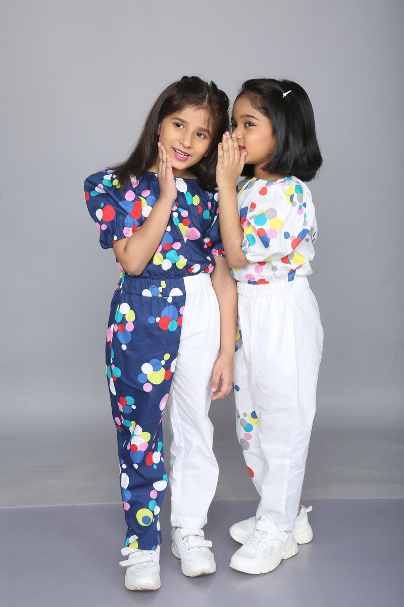 Blue & White Polka Dot Twin Girls Jumpsuit