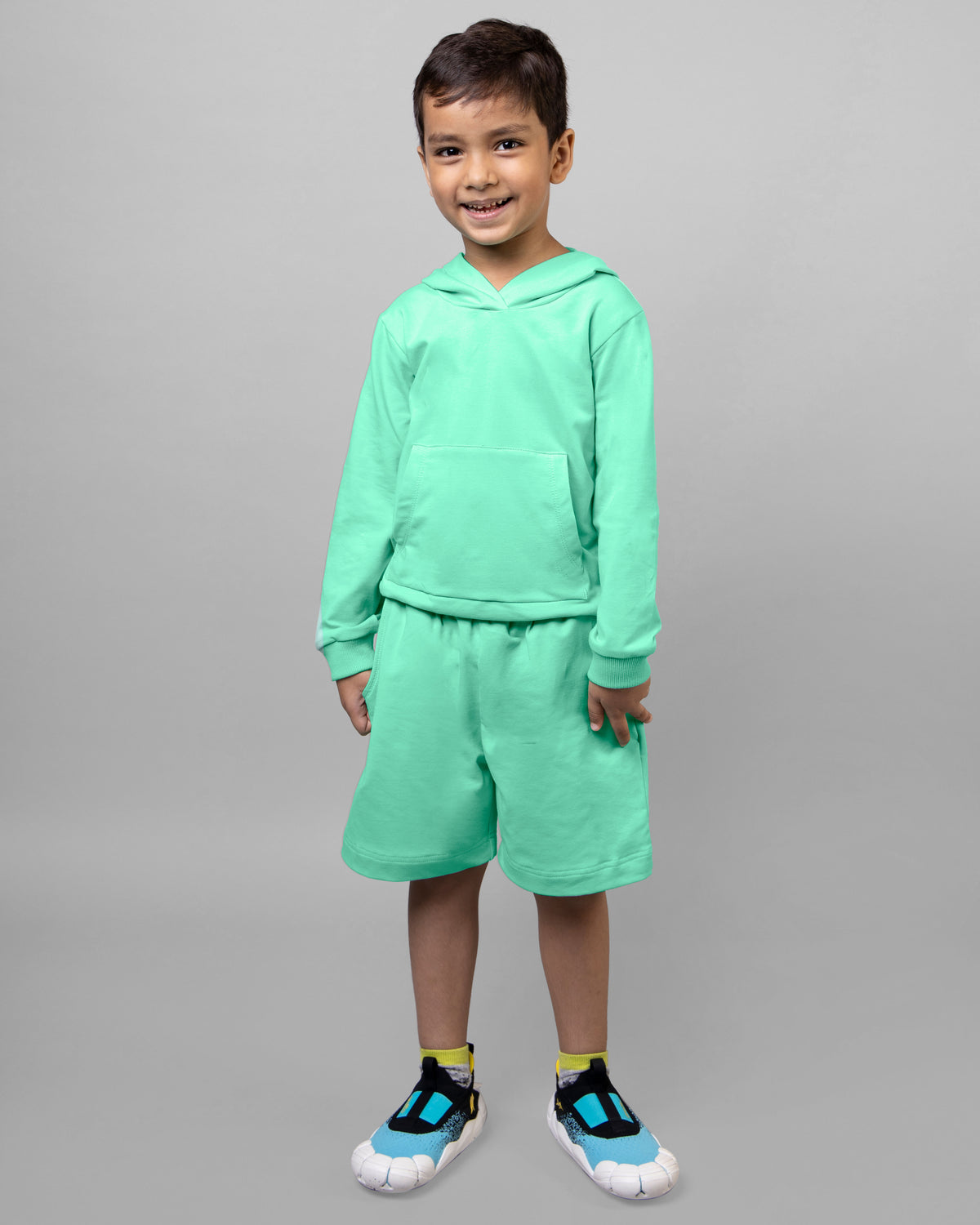 Mint Green Full Sleeve Hoodie & Shorts Boys Co-ord set