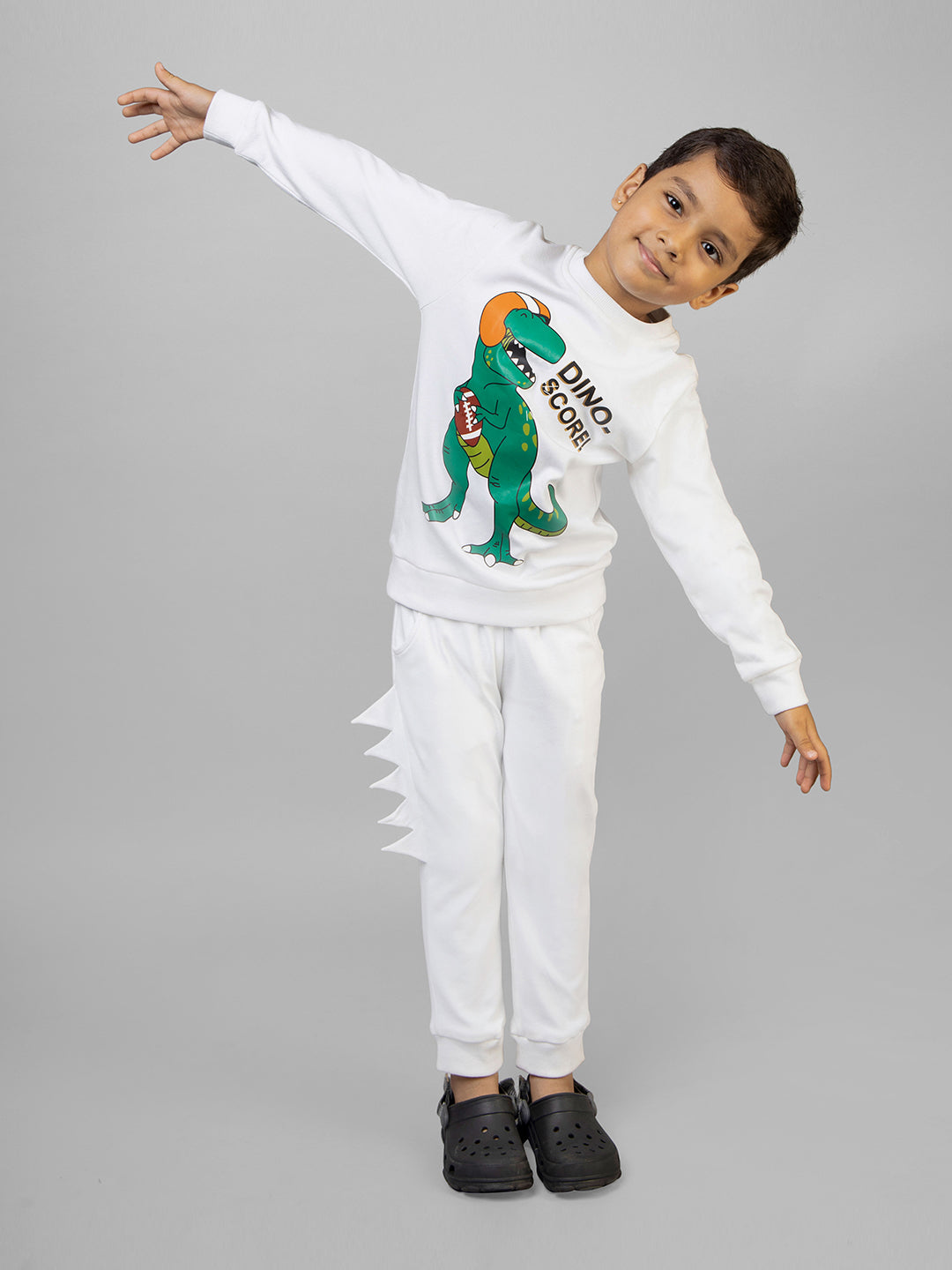 White Dino Score Print Full Sleeve Tracksuit for boys Co-ord Set