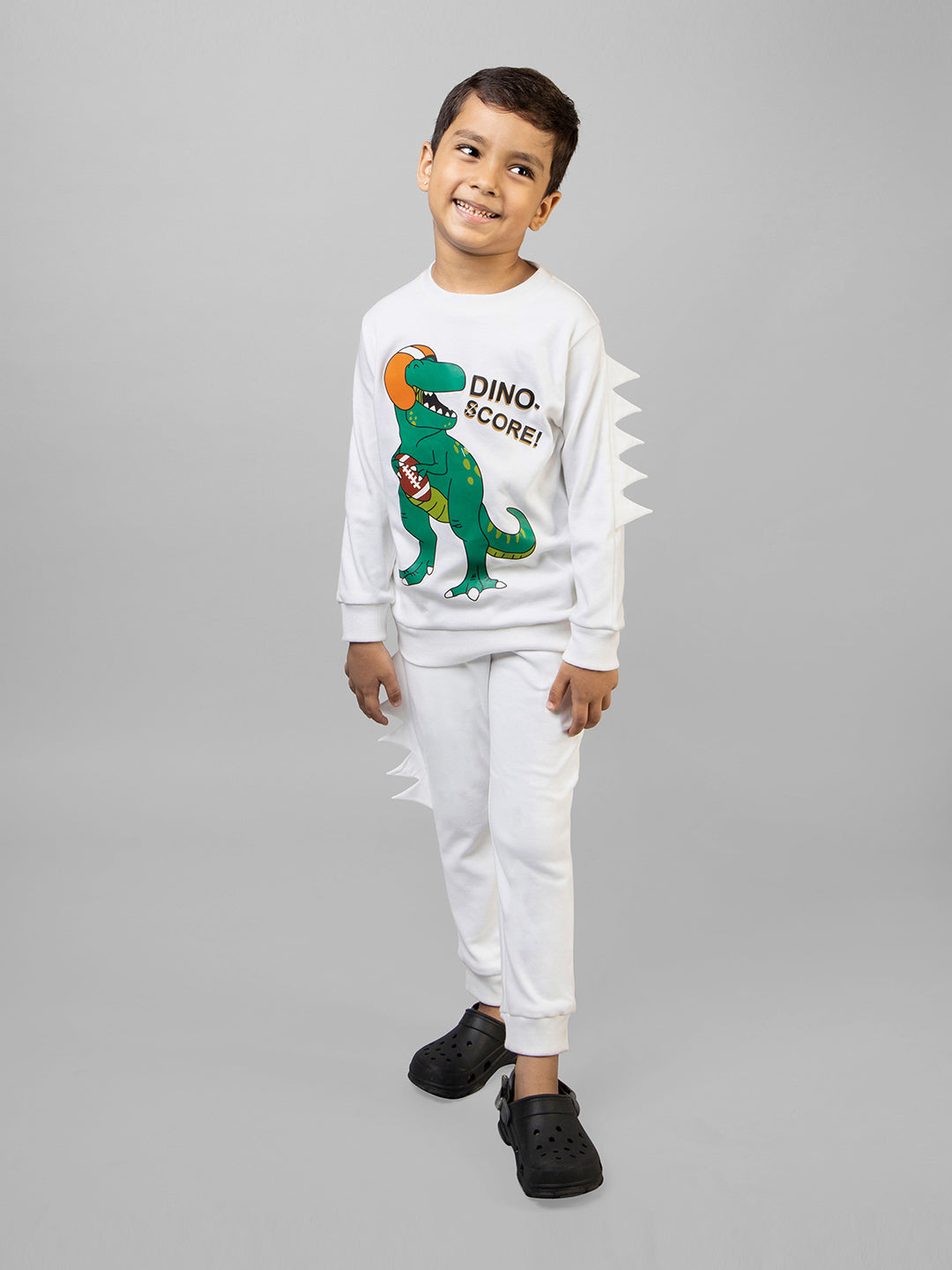 White Dino Score Print Full Sleeve Tracksuit for boys Co-ord Set