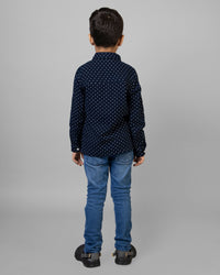 Navy Blue Full Sleeve Collar Neck White Dot Print Boys shirt