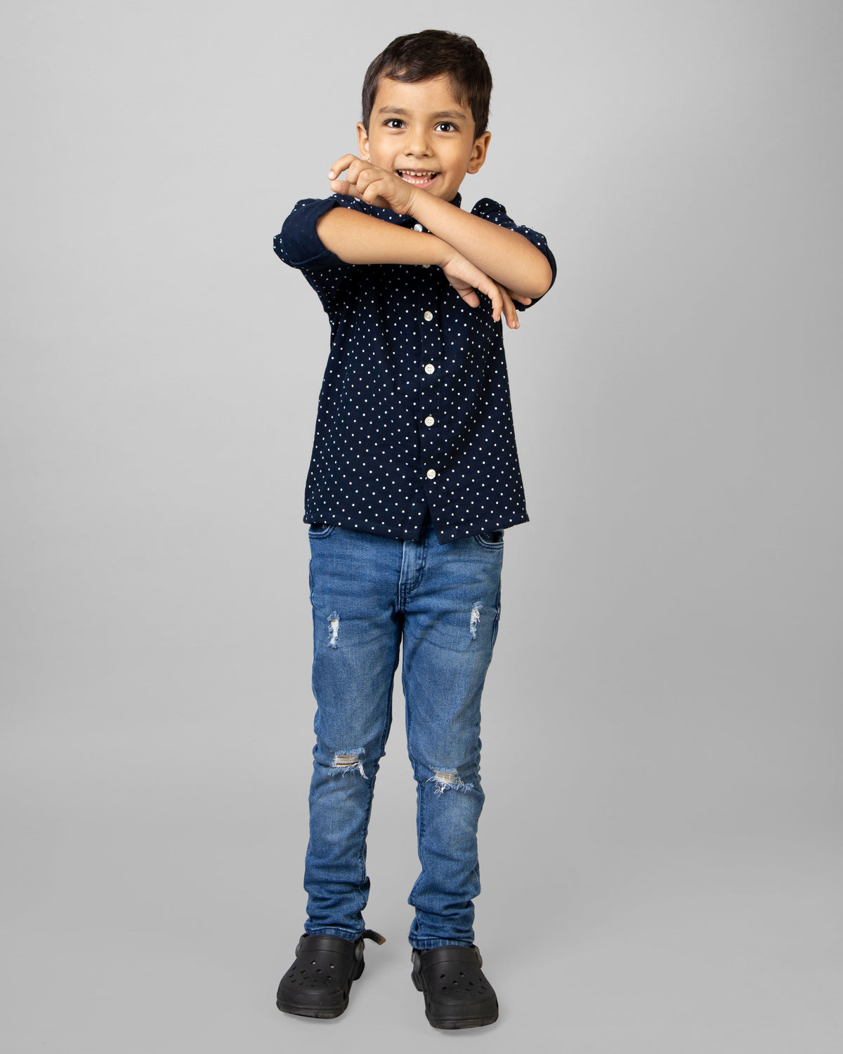 Navy Blue Full Sleeve Collar Neck White Dot Print Boys shirt