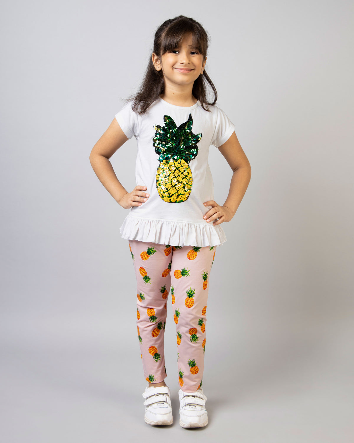 Girls White and Pink Half Sleeve Pineapple Co-ord Set