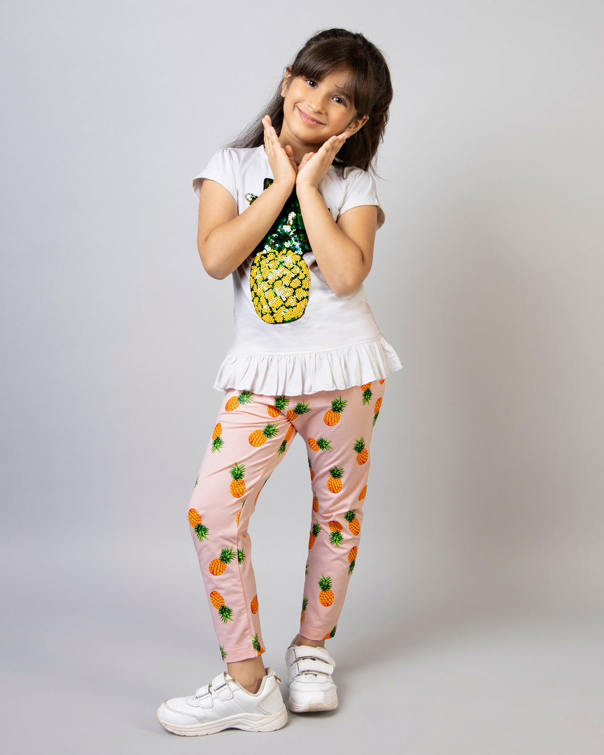 Girls White and Pink Half Sleeve Pineapple Co-ord Set