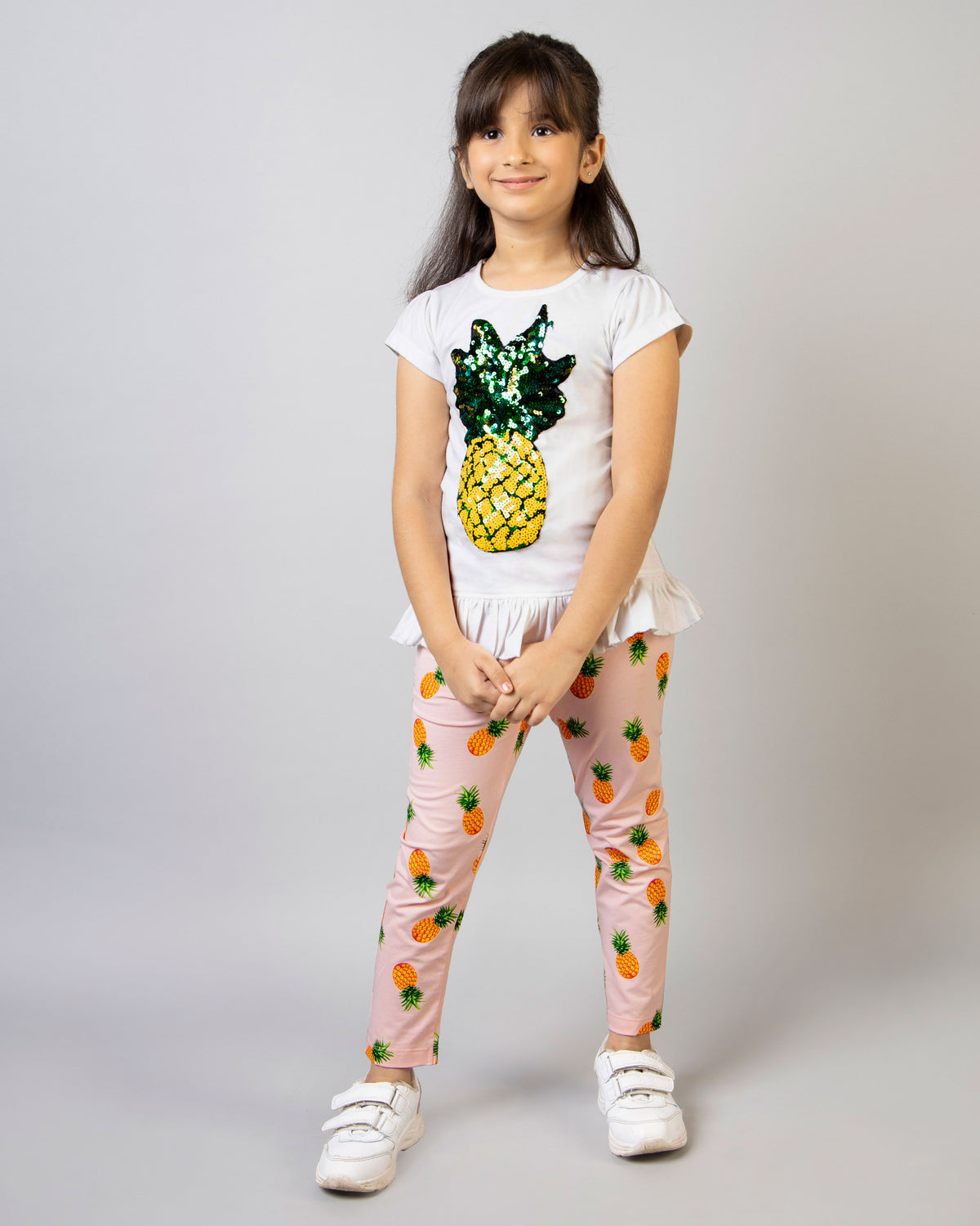 Girls White and Pink Half Sleeve Pineapple Co-ord Set