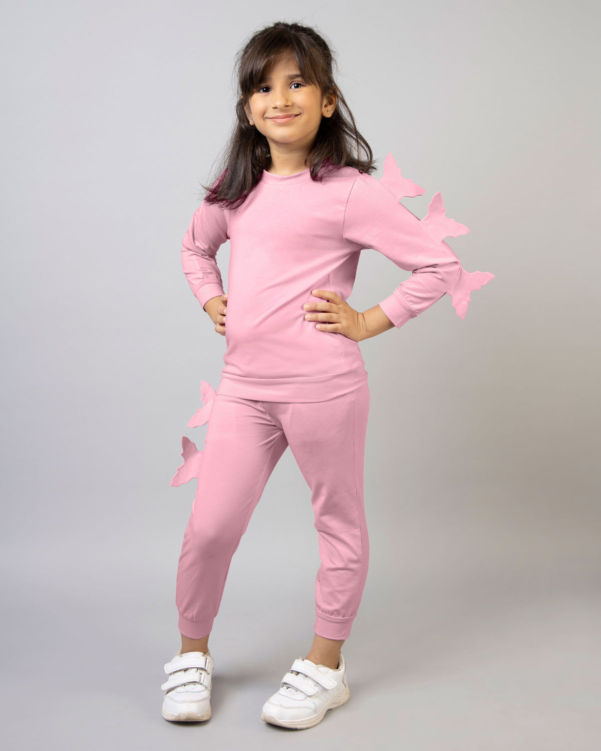 Pink Full Sleeve Round Neck Butterfly Girls Tracksuit Co-ord Set