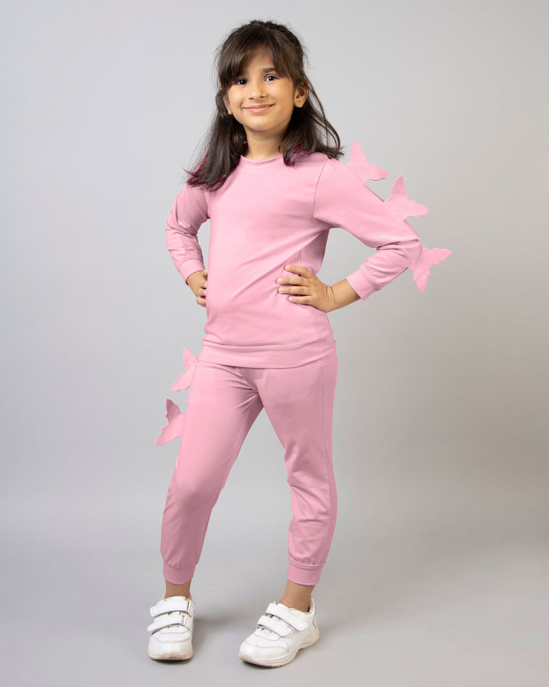 Pink Full Sleeve Round Neck Butterfly Girls Tracksuit Co-ord Set