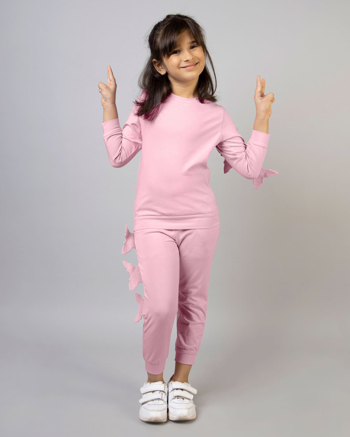 Pink Full Sleeve Round Neck Butterfly Girls Tracksuit Co-ord Set