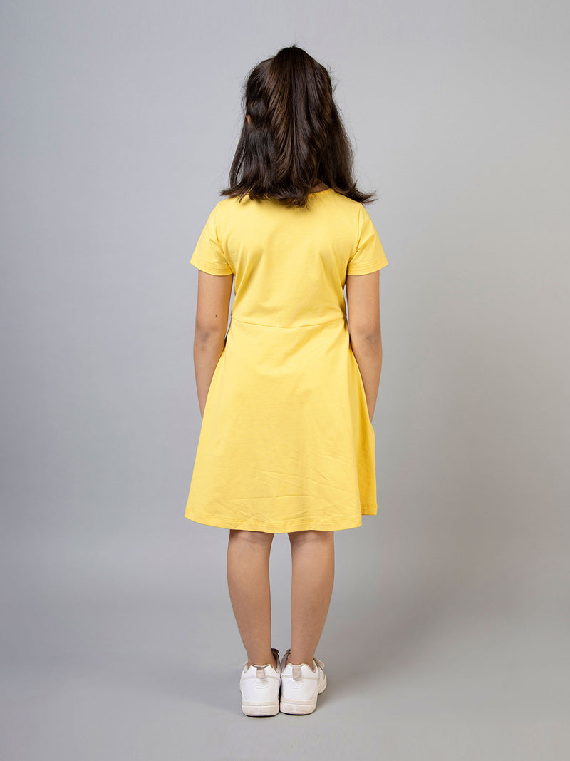 Yellow Half Sleeves Love Embroidered Girls Dress