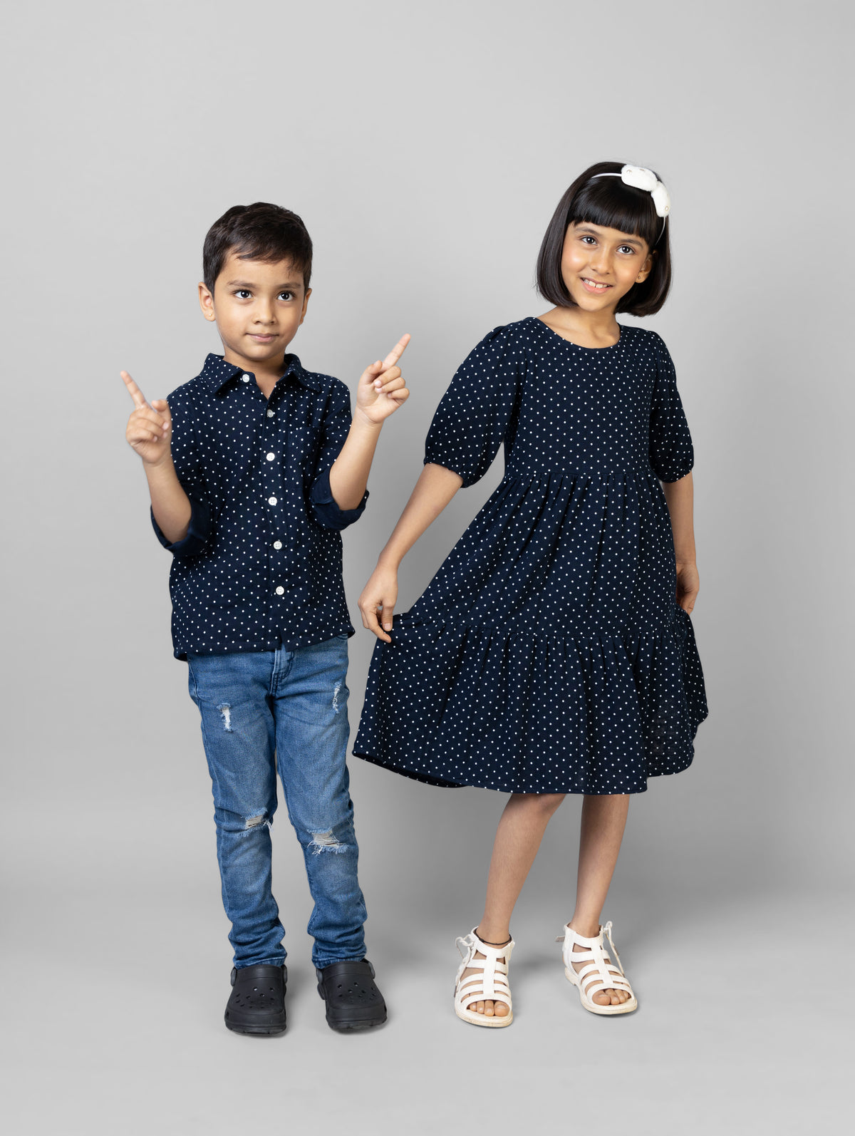 Navy Blue Polka Dot Print Boys Shirt & Girls Dress