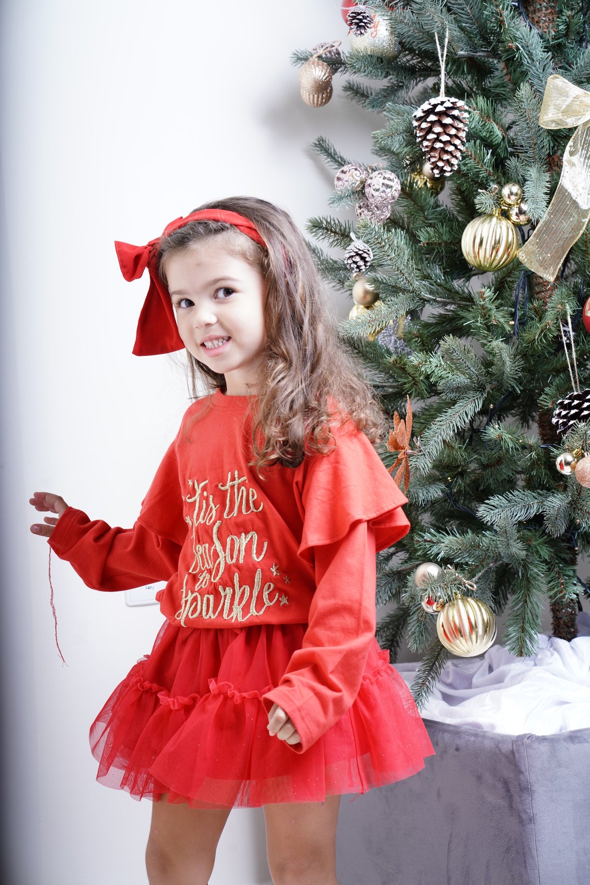 Red Ruffled Shoulder Golden Print Top & Red Net Skirt "Tis The Season To Sparkle"