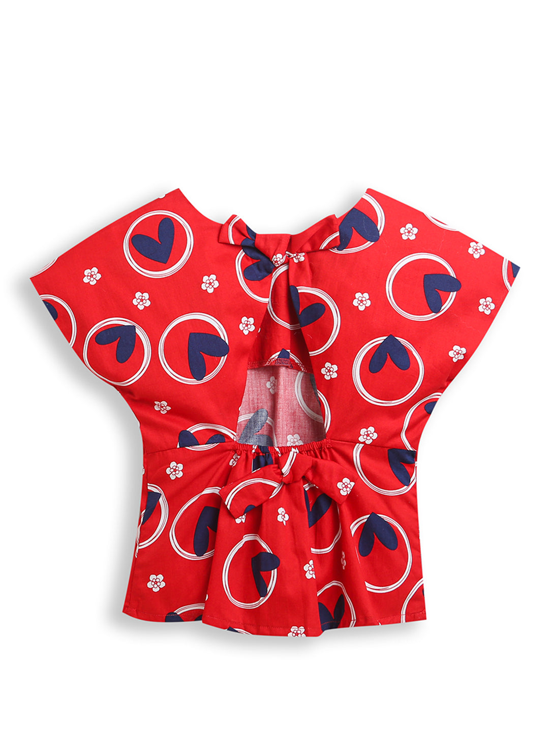 Red Girls Top with Blue White Heart Print & Designer Back