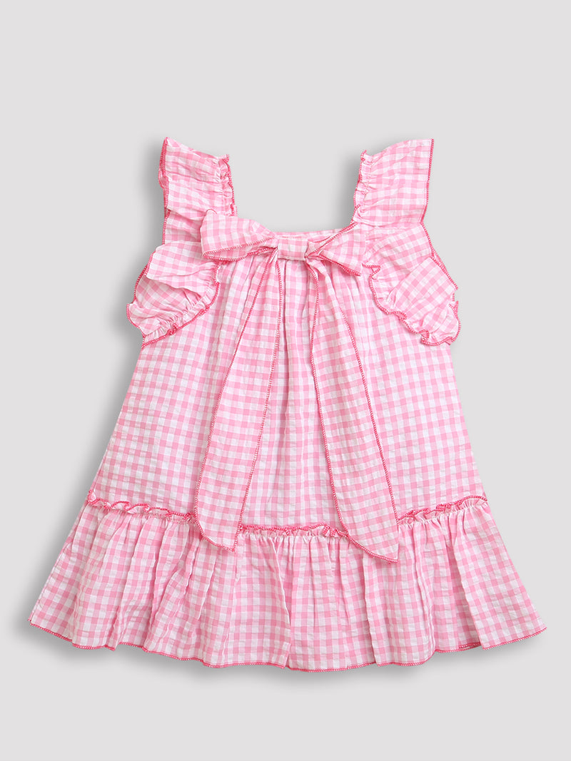 Pink and White Check pattern Sleeveless Girls Dress