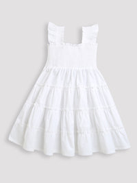 White Half Sleeve Ruffle Trim Smocked Girls Dress