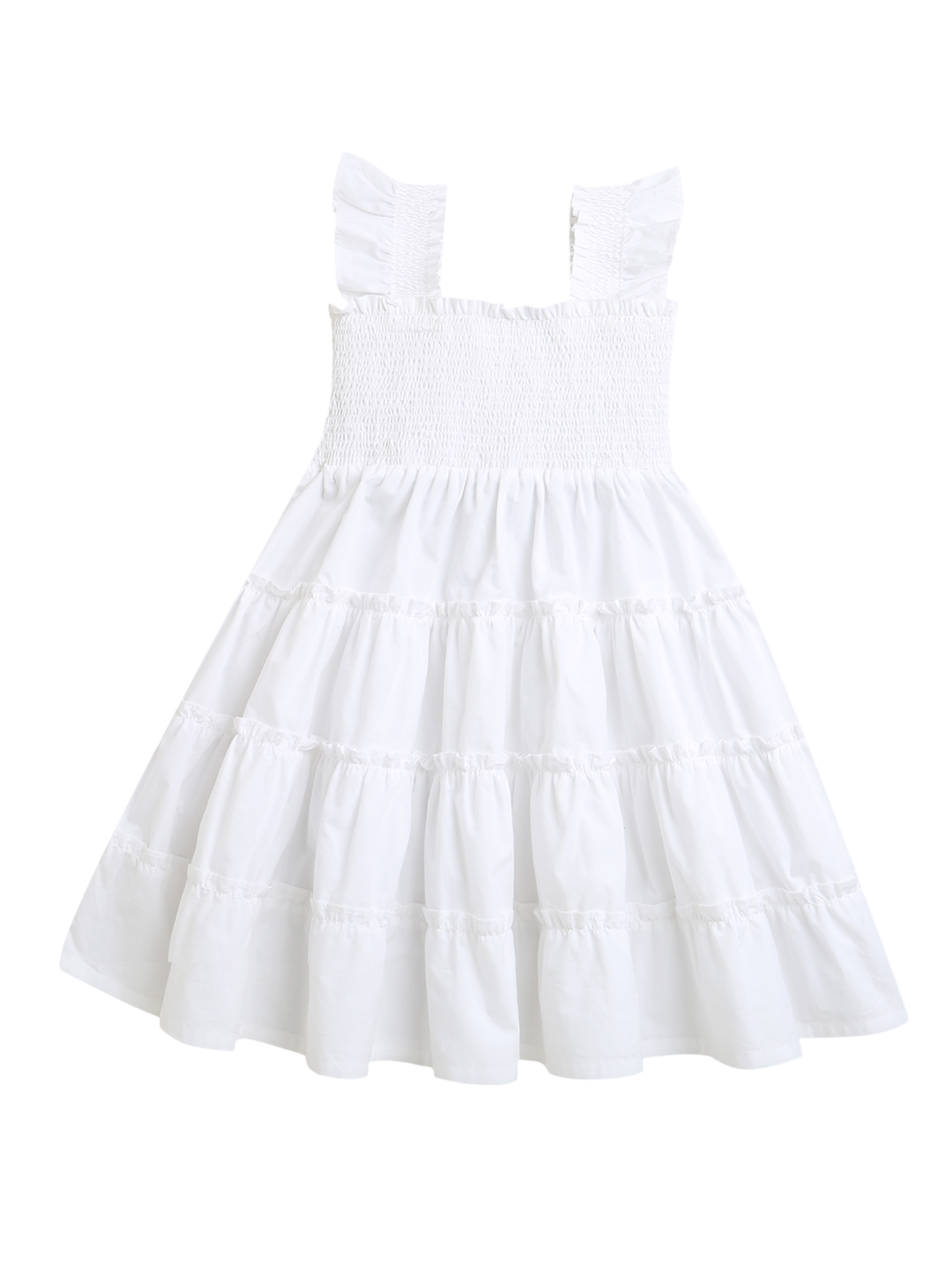 White Half Sleeve Ruffle Trim Smocked Girls Dress