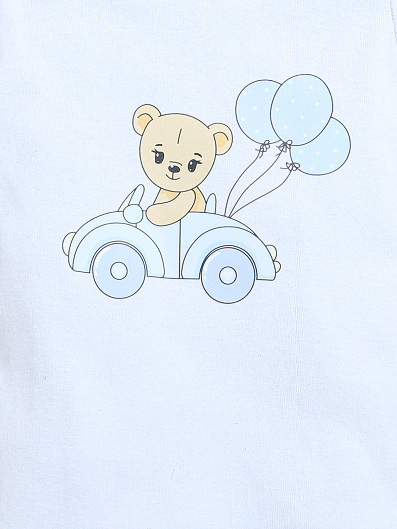 White Cute Teddy & Car Print Half Sleeve Baby Girl/Boy Romper