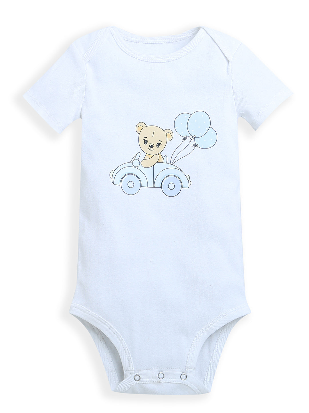 White Cute Teddy & Car Print Half Sleeve Baby Girl/Boy Romper