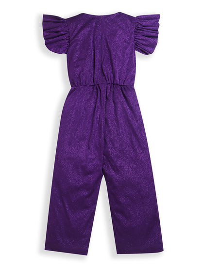 Purple Shiny Frill Short Sleeve Girl Jumpsuit