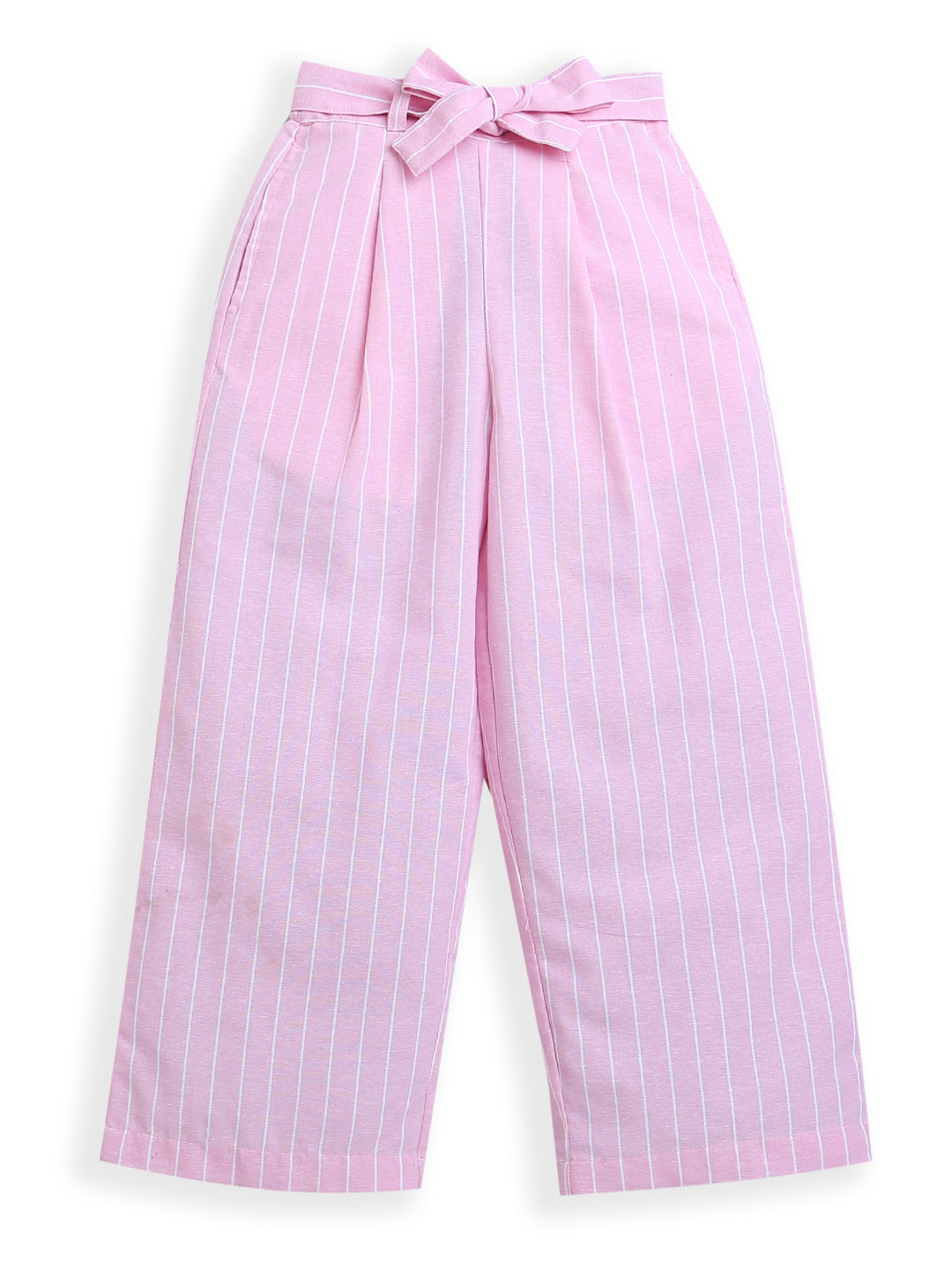 Girls Pink Frill Sleeve Striped Knot Top and Matching Pants Co-ord Set