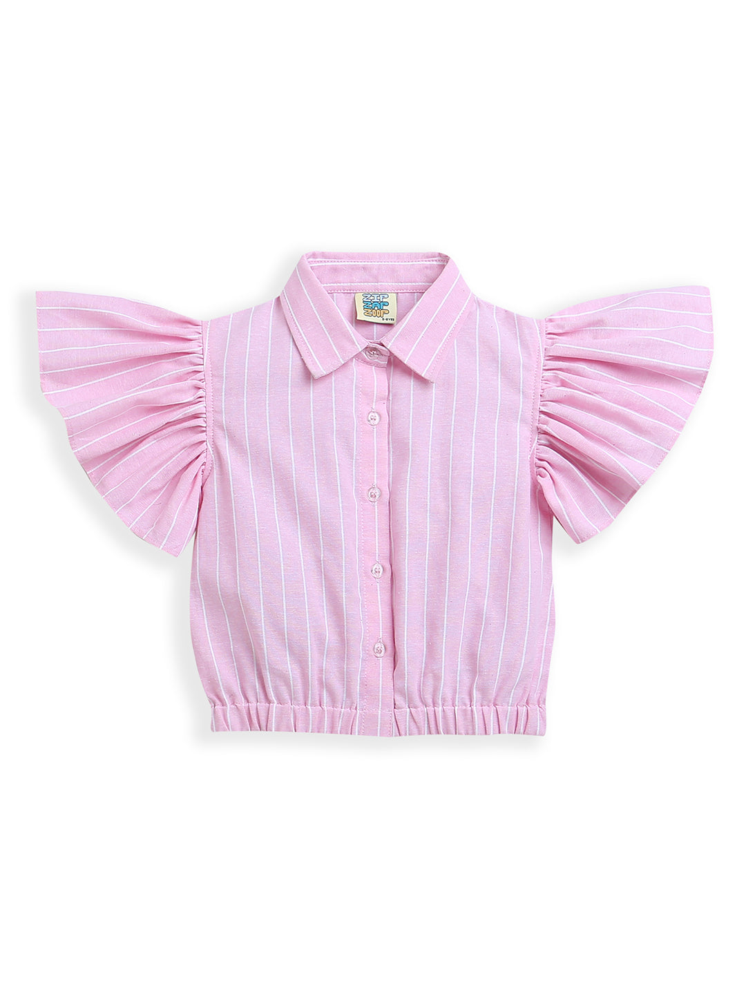 Pink Frill Sleeve Striped Button up Girls Top