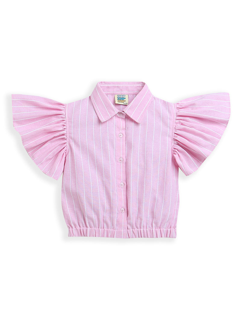 Girls Pink Frill Sleeve Striped Knot Top and Matching Pants Co-ord Set