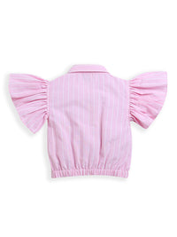 Pink Frill Sleeve Striped Button up Girls Top