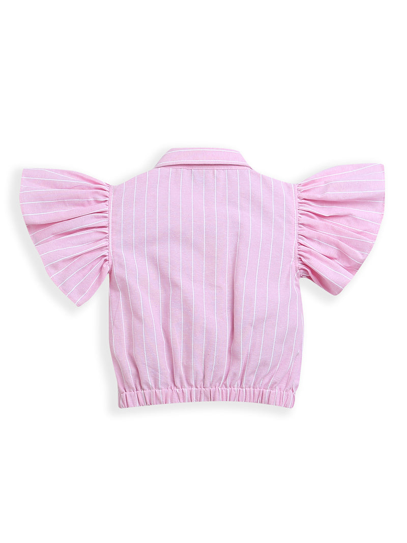 Pink Frill Sleeve Striped Button up Girls Top