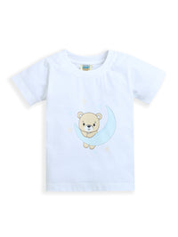 White Teddy & Moon Print Half Sleeve Baby Girl Top