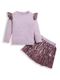 Purple Ruffle Shoulder T-Shirt & Sequined Skirt Co-ord Set