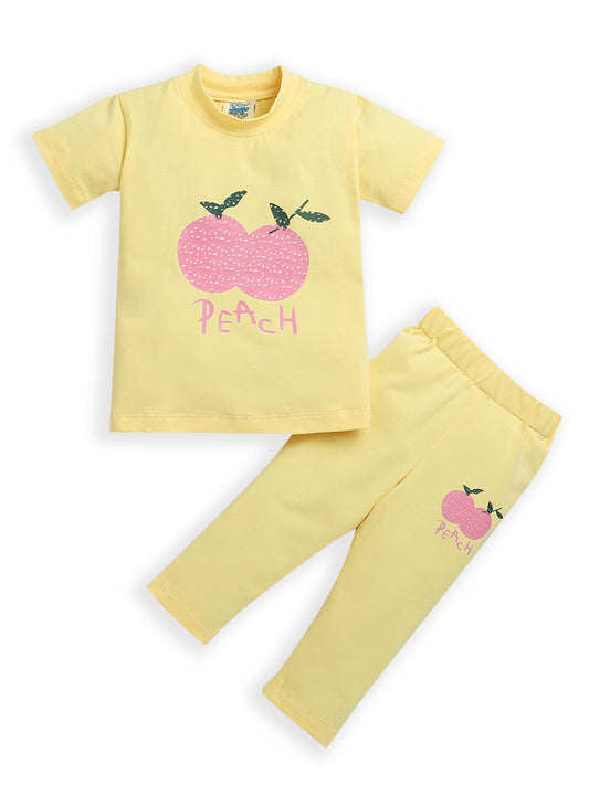 Yellow Half Sleeve Peach Print Baby Girl Matching Set