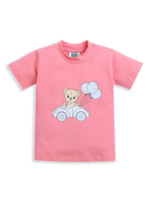 Pink Teddy & Car Print Half Sleeve Baby Girl Top
