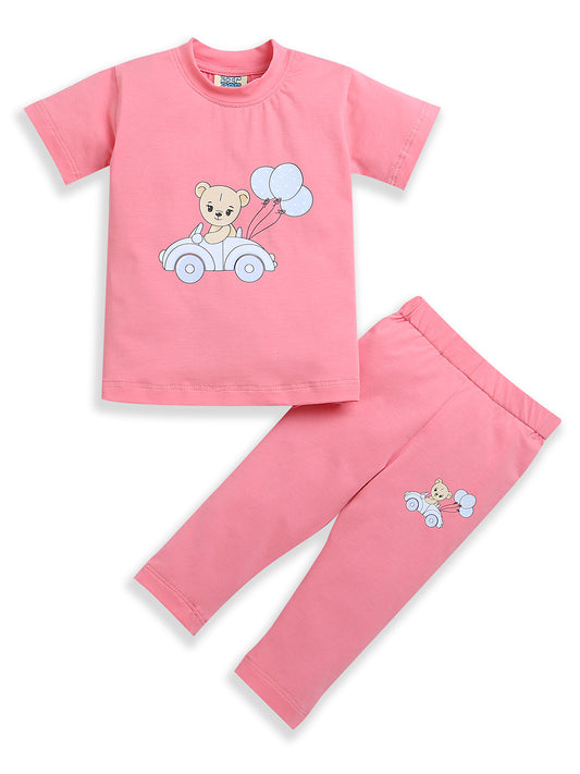 Pink Teddy & Car Print Baby Girl Matching Set