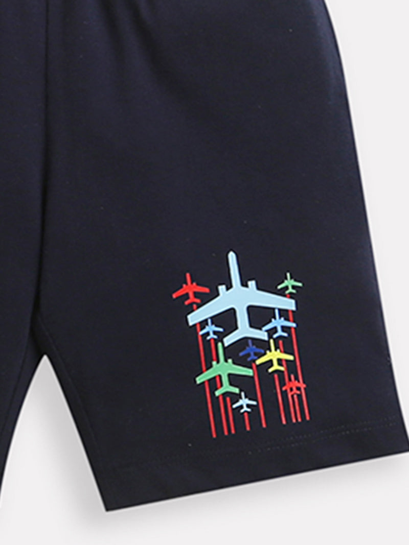 Pack of 2 Navy Blue-Flying Plane & Sky Blue-King Of Cool Print Cotton Shorts