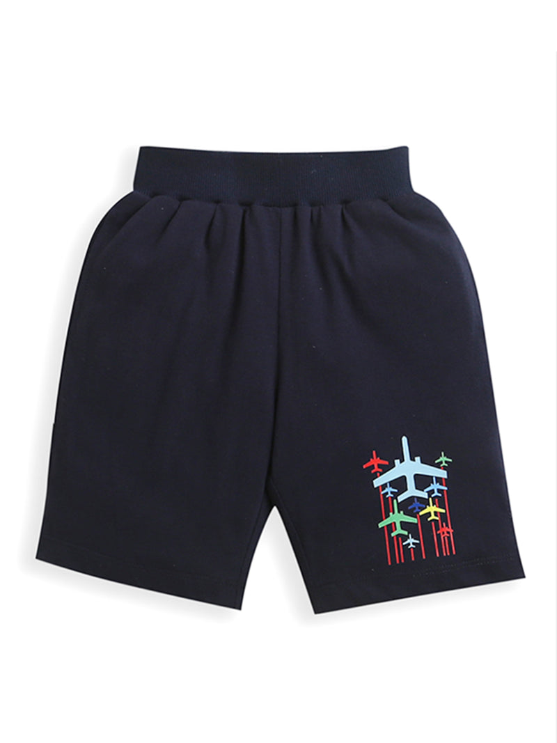 Pack of 2 Navy Blue-Flying Plane & Sky Blue-King Of Cool Print Cotton Shorts