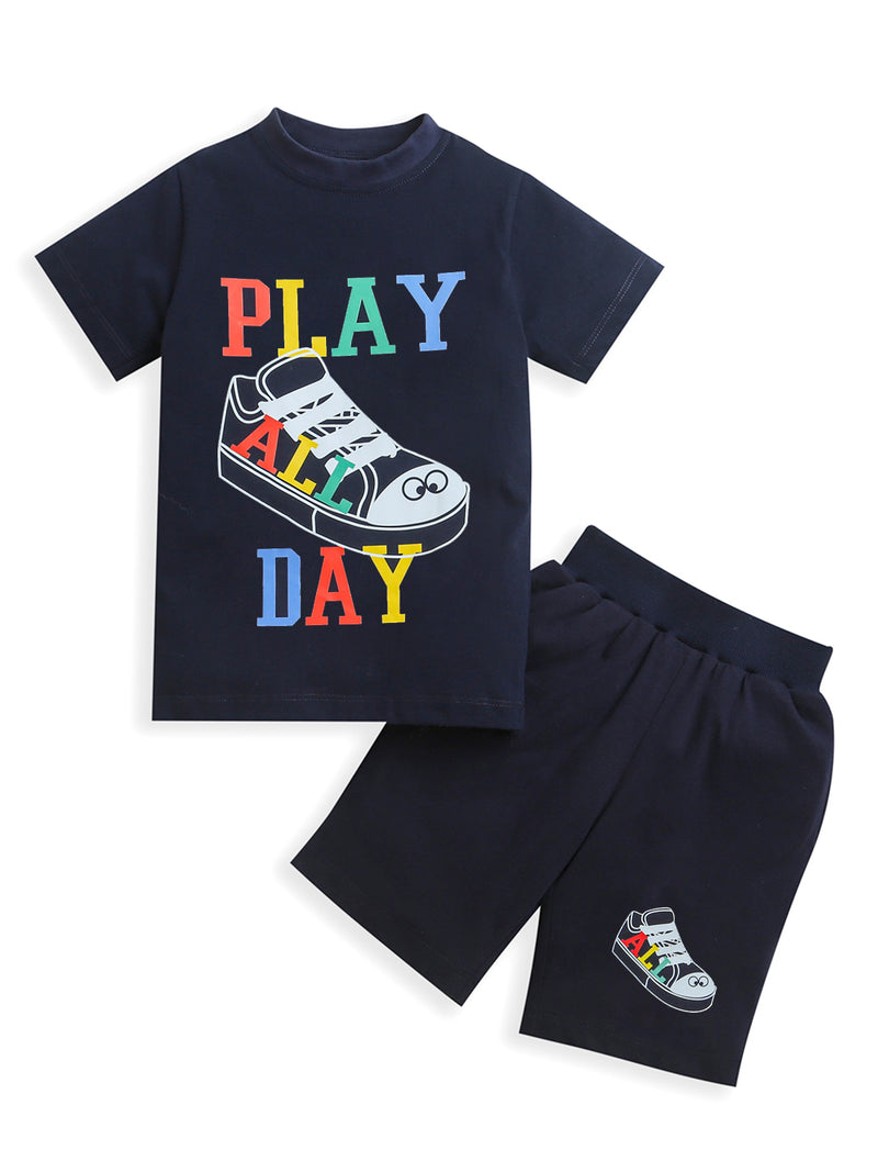 Navy Blue Pure Cotton Play All Day Print Half Sleeve Boys Co-ord Sets