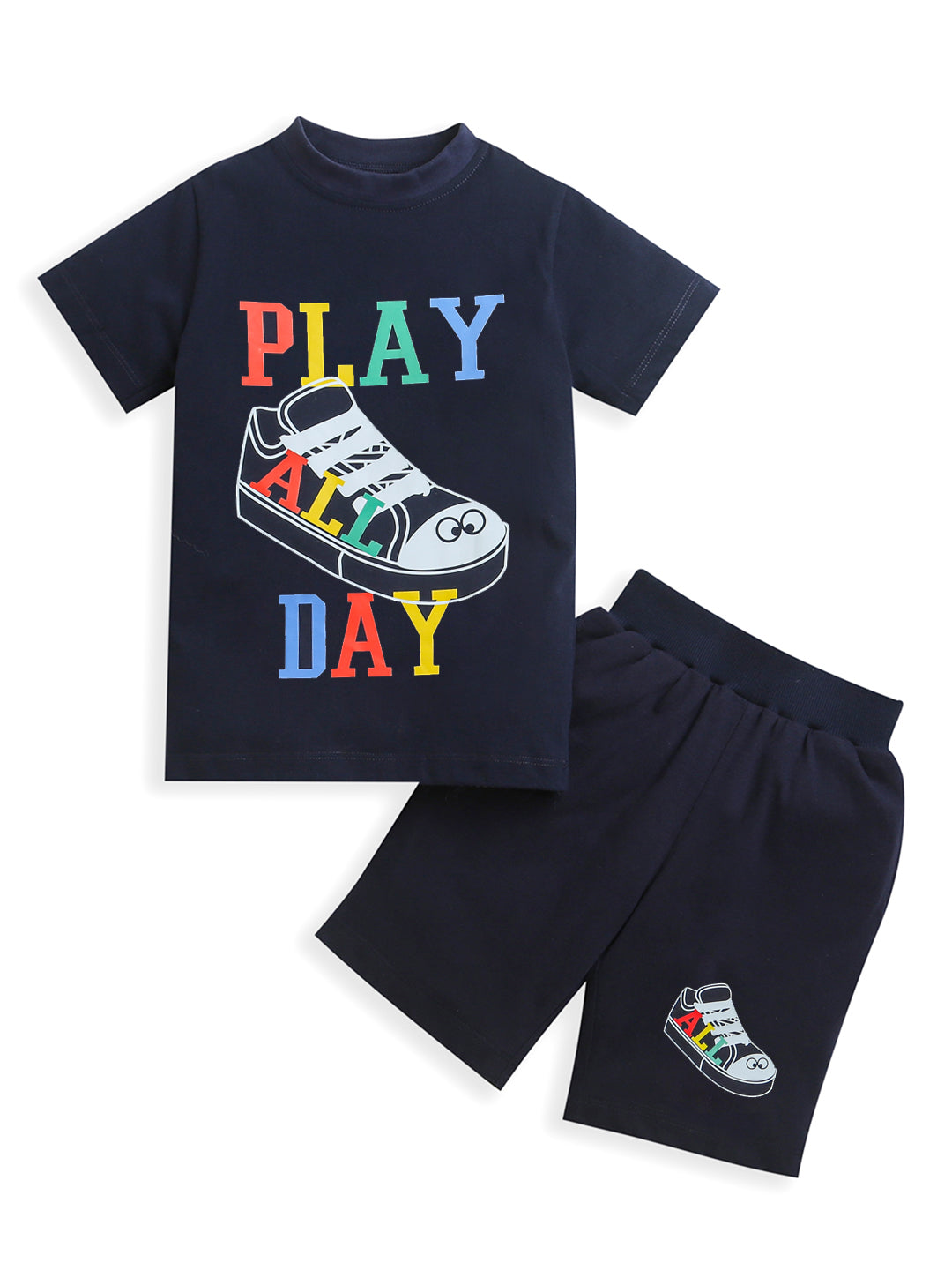 Pure Cotton Play All Day Sneaker Print Navy Blue T-shirt & Shorts Co-ord Set