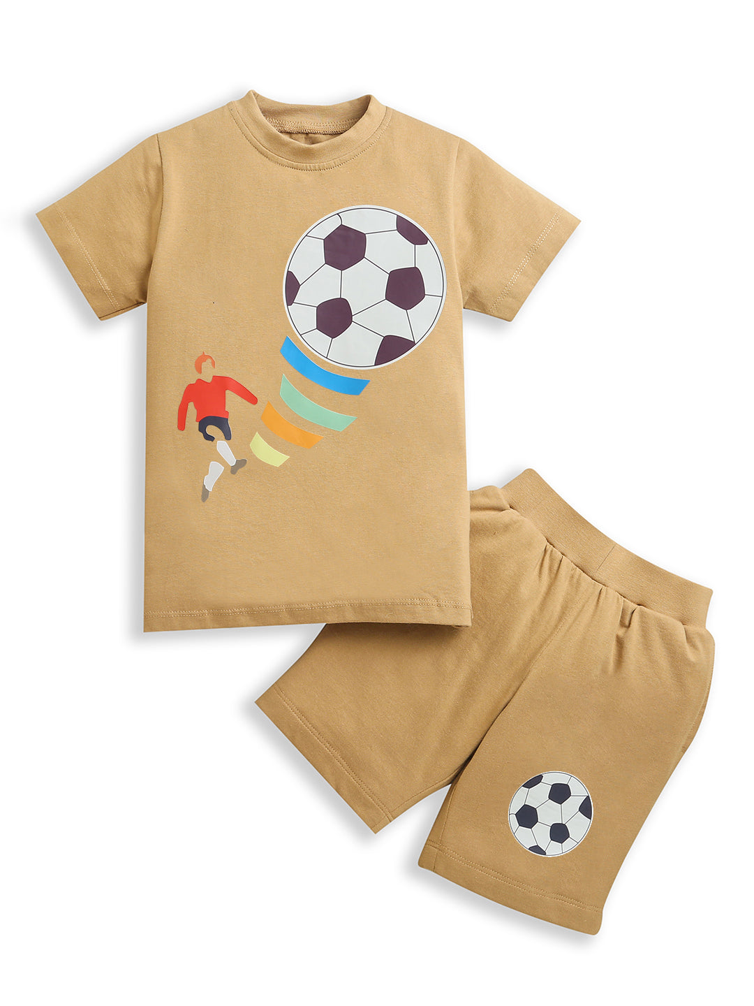 Pure Cotton Beige Foot Ball Print Half Sleeve Co-ord Set