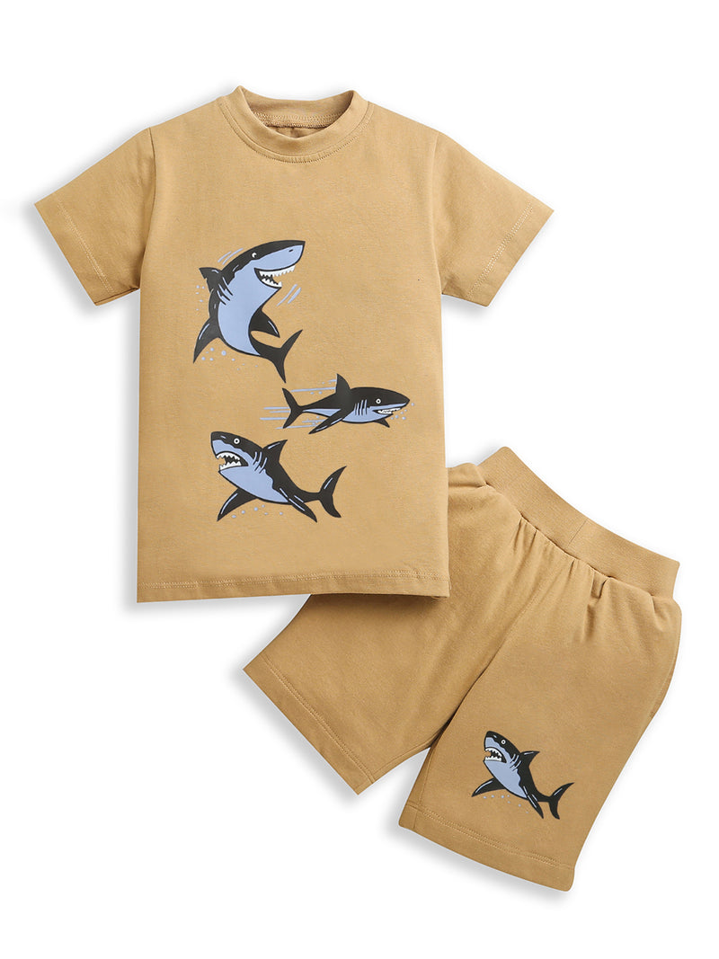 Pure Cotton Beige Three Shark Print Co-ord Set