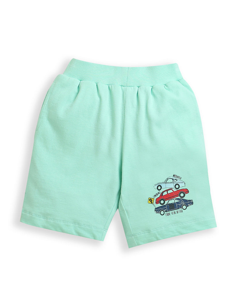 Pack of 2 Mint Green-3 Car & Navy Blue-Shark Print Cotton Shorts