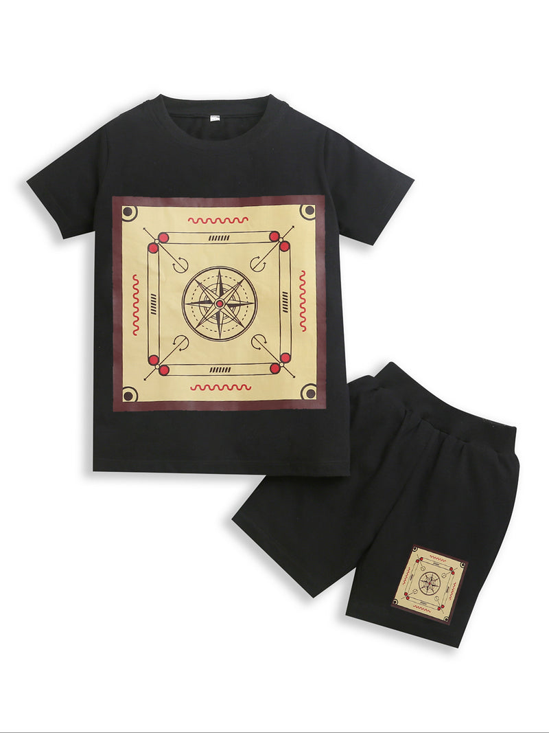 Pure Cotton Black Carrom Board Print T-shirt & Shorts Co-ord Set