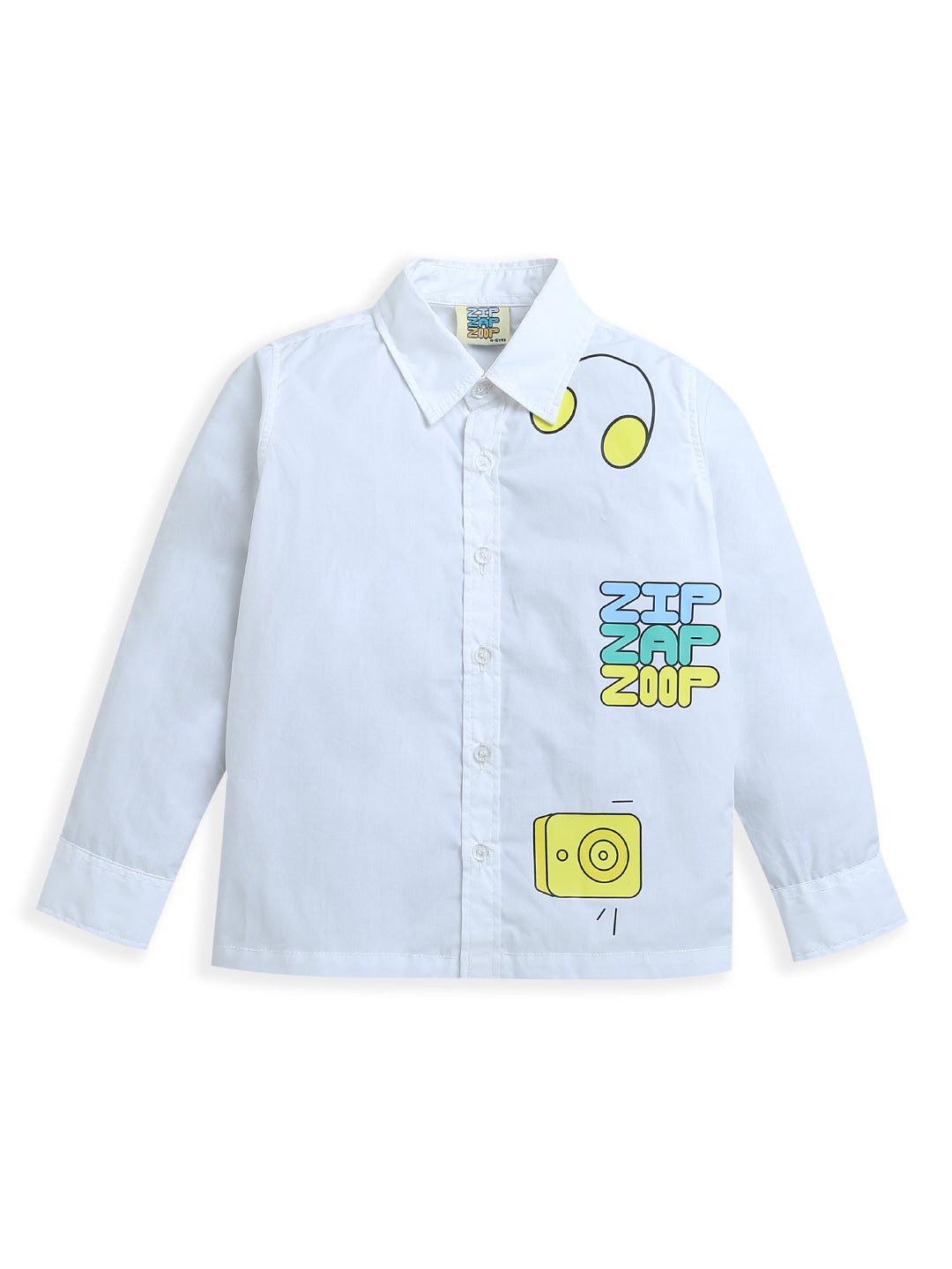 White Cotton ZipZapZoop Print Full Sleeve Collar Neck Baby Boy Cotton Shirt