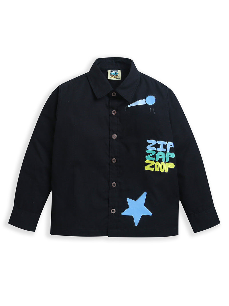 Black Mic & Zip Zap Zoop Print Full Sleeve Collar Neck Cotton Shirt