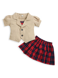 Beige Half Sleeve Collar neck top & Red Black Check pattern Skirt Matching Set